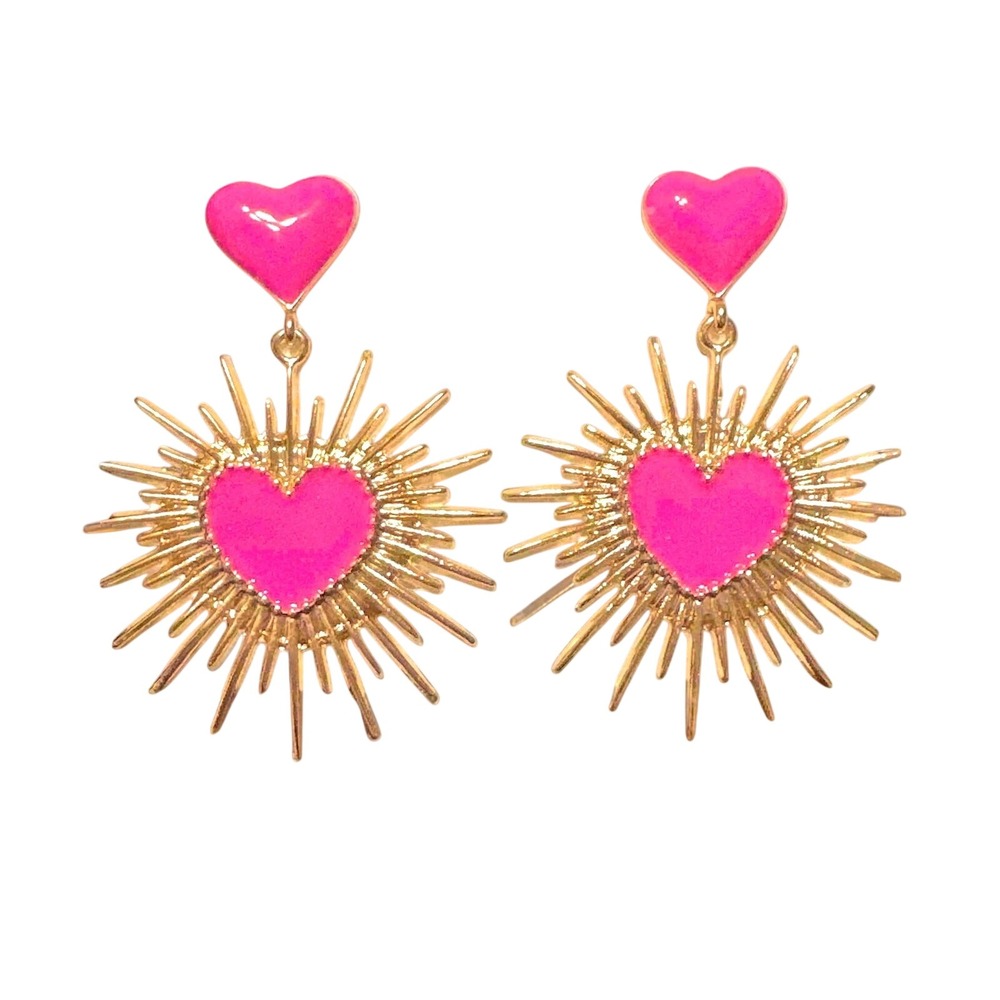 New Pink‎ Burst Milagro Corazon Sacred Heart Dangle Earrings Dangle Gold